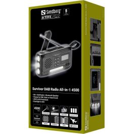 Sandberg 4500 Survivor Radio DAB/FM con Power Bank y Altavoz Bluetooth, Carga Solar/Manivela, Linterna