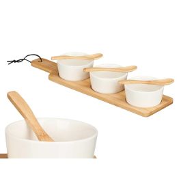 Kinvara Set 3 Bols de Cerámica Blanca con Cuchara y Bandeja de Bambú, Vajilla para Servir, 39x6x10.5 cm (12 Unidades)