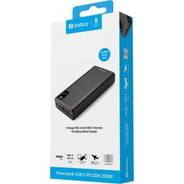Sandberg Powerbank 20000 mAh, Batería Externa USB-C PD 20W de Aluminio, Carga Rápida para Móviles con USB-A
