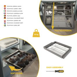 Emuca Kit de cajón zapatero y bastidor regulable Quartz para armarios, guías de cierre suave y extracción total, Módulo 70cm, Acabado Titanio