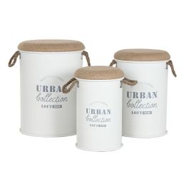 DKD Home Decor Caja Decorativa Urban Blanca para Hogar, Set de 3 Piezas en Metal y PU, Medidas 40x40x55,5 cm (Ancho x Fondo x Alto)
