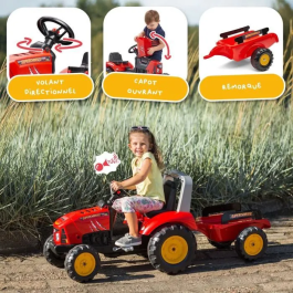 Falk Tractor de pedal rojo SuperCharger con capó de apertura y remolque incluido para niños de 3 a 7 años