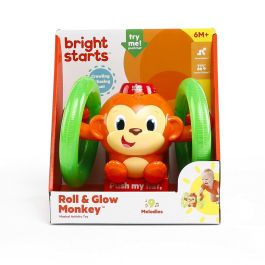 Bright Starts Little Roll & Glow Monkey - Juguete interacivo para bebés - Mono rodante que se ilumina
