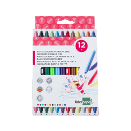 Liderpapel Rotulador Duo Doble Punta Fina y Gruesa Caja de 12 Unidades Colores Surtidos