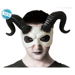 Antifaz de Disfraz Demonio Blanco con Cuernos Negros Curvados, Estilo Rústico y Agresivo para Complemento Halloween, Teatro o Eventos Góticos