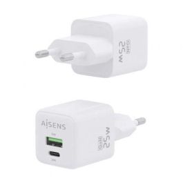 AISENS ASCH-25W2P014-W Cargador GaN 25W USB-C USB-A Doble Puerto Carga Rápida Universal para Móviles, Tablets y Portátiles Blanco