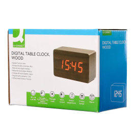 Q-connect Reloj de Sobremesa Digital con Acabado en Madera y Luz Roja 100x40x60mm