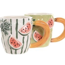 DKD Home Decor Mug Mediterraneo Fruits 24 Gres Verde Rojo Blanco Relieve Sandia 9.5 x 10.3 x 15 cm (4 Unidades)