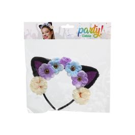 Diadema Orejas Felinas Negras y Flores Lila, Azul, Blanco, Crema - Accesorio para Disfraces, Anime y Fiestas Temáticas