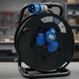 Phasak Regleta Enrollable BN 3478, 3 Tomas (2 Schuko + 1 Industrial 2P+TT), Cable 40m, Negro y Azul