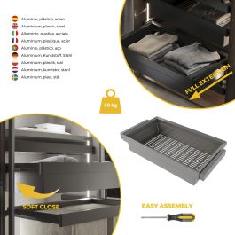 Emuca Kit de cajón metálico y bastidor regulable Quartz para armarios, guías de cierre suave y extracción total, Módulo 90cm, Acabado Titanio