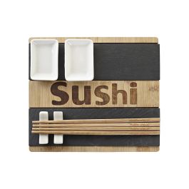 DKD Home Decor Set de 7 Piezas Sushi Oriental Bambú Pizarra Natural Negro 22 x 3 x 25 cm