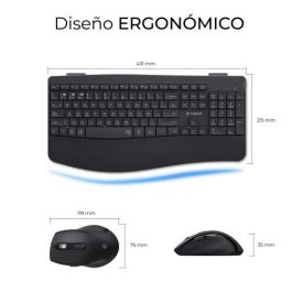 Subblim COMBO DUAL OFFICE PROWAVE BLACK - Pack Teclado y Ratón Ergonómicos Inalámbricos Multidispositivo, Bluetooth 5.3 y USB 2.4G, Recargables, Negro