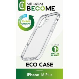 Cellularline Funda Become Eco para iPhone 16 Plus, Carcasa Protectora de Plástico 100% Reciclado, Transparente (6.7")