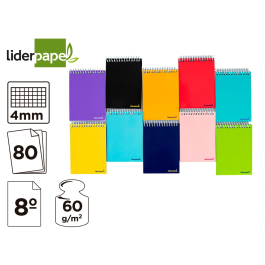 Liderpapel Cuaderno Espiral Bolsillo Octavo Apaisado Tapa Blanda 80 Hojas Cuadro 4mm Colores Surtidos