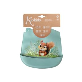 KioKids Babero de Silicona Ajustable para Bebé +6 Meses con Bolsillo Recogemigas, Diseño Ardilla Salvaje Color Salvia