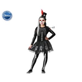 Disfraz de Esqueleto Brillante para Niña, Vestido Negro con Falda de Tul, Calaveras y Capa - Ideal Halloween 10-12 Años