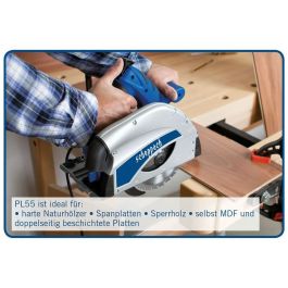 Scheppach PL55 Sierra de Inmersión 1200W, altura de corte 55mm, disco Ø160mm 24 dientes, incluye 2 rieles 700mm, conector y antivuelco