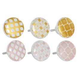 DKD Home Decor Pomo Tirador Árabe Decorativo Hecho a Mano Rosa Dorado de Gres y Metal 4x2.5x4cm (24 Unidades)