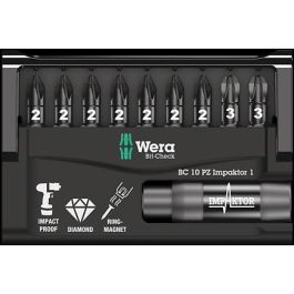 Wera 05057684001 Bit-Check 10 PZ Impaktor 1, juego de 9 puntas Pozidriv PZ 2 y PZ 3, 25mm