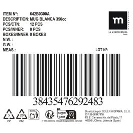 Inde Mug Blanca 350 cc Ø8,3x12x9,6cm (12 Unidades)