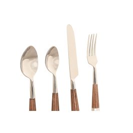 DKD Home Decor Cubertería Moderna de Acero Inoxidable y Madera de Acacia Colores Natural, Blanco y Plateado Set de 16 Piezas