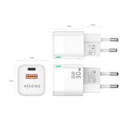 Aisens Cargador GaN 30W USB-C PD3.0 QC4.0 y USB-A QC3.0, Blanco - Carga rápida y eficiente para portátiles, móviles, cámaras y tablets