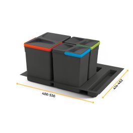 Emuca Kit de contenedores de reciclaje para cajón de cocina con base Recycle altura 266mm, 1x15litros, 2x7litros, módulo 600mm, Plástico gris antracita