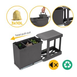 Emuca Contenedores de reciclaje para cocina, 3 x 10L, fijación inferior y extracción automática, Acero y Plástico, Gris antracita