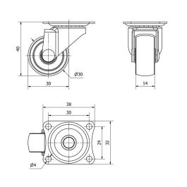 Ruedas Alex Rueda giratoria con placa y eje liso Negro Carga máxima 18 kg Ø 3 cm