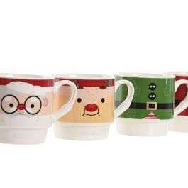 DKD Home Decor Taza Navidad Tradicional Porcelana 365ml Rojo Verde Blanco, Set de 2 Tazas Apto Microondas y Lavavajillas
