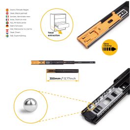 Emuca Lote de 5 juegos de guías para cajones, de bolas, altura 45mm, profundidad 350mm, extracción total, cierre suave, Negro