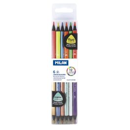 Milan Caja con 6 lápices bicolor triangulares madera negra colores fluo + metalizados