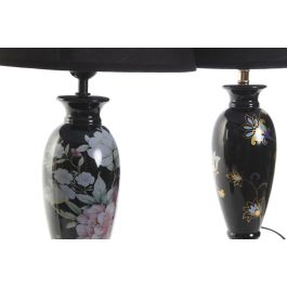 DKD Home Decor Lámpara de Sobremesa Estilo Oriental Negro Dorado con Pájaro de Gres y Poliéster E27 28x51x28 cm Pack 2 Unidades