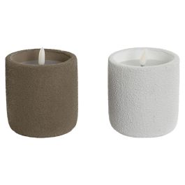 DKD Home Decor Vela LED Urban de Cera y Cemento, Colores Blanco y Marrón, Alto 11.5 cm, Diámetro 9 cm - Pack 2 Unidades