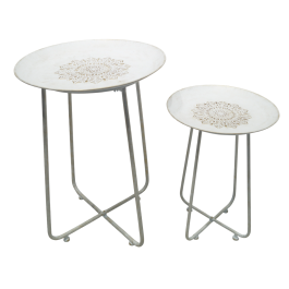 DKD Home Decor Mesita Auxiliar Árabe Set de 2 Metal Blanco Dorado 48 x 66 x 48 cm Estilo Mandala para Salón Dormitorio