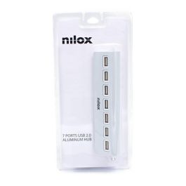 Nilox Hub USB 2.0 de 7 Puertos, Aluminio, para Transferencia y Carga de Datos, Plug & Play, Color Gris, 480 Mbit/s