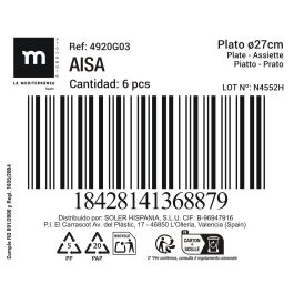 La Mediterranea Plato "Aisa" de 27.2 cm de Diametro, 2.5 cm de Altura, 912 Gramos (12 Unidades)