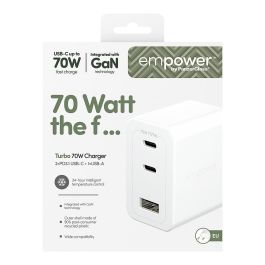 PanzerGlass Cargador Turbo GaN 70W, 2 Puertos USB-C + 1 USB-A, Carga Rápida Multi-Dispositivo, Blanco, Enchufe UE