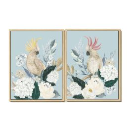 DKD Home Decor Cuadro Tropical Flores Cacatúa Azul Blanco Hecho a Mano de Lienzo 80x60x4 cm - Pack 2 Unidades