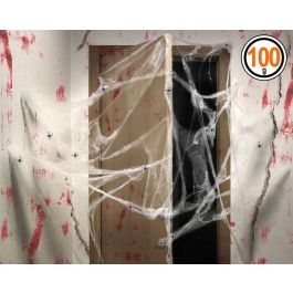 Telaraña Decoración Halloween Blanca 100 gramos con Arañas Negras - Accesorio Fácil de Usar para Puertas, Ventanas y Mesas
