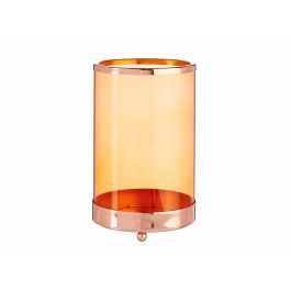 Giftdecor Base de Vela de Cristal Cilíndrica Ámbar con Metal Cobre, 12x19 cm (8 Unidades)