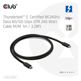 Club 3D CAC-2501 Cable Thunderbolt 5 Certificado 8K 240Hz / 80Gbps / 120Gbps 1m Negro