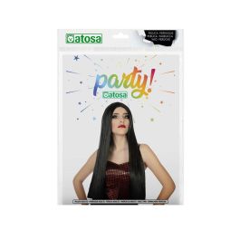 Peluca Larga Morena 60 cm con Raya Central - Disfraz Oscuro/Fantasía, Halloween, Espectáculos, Teatro