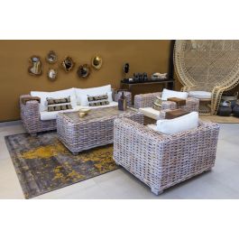 DKD Home Decor Sofá Balinés Indo 2c25 Ratán Natural 220 x 98 x 64 cm Set de 4 Piezas con Cojines