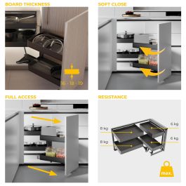 Emuca Rinconero extraíble Harmony para muebles de cocina, Derecha, Acero y Madera, Gris antracita