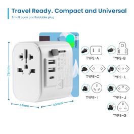 Ewent Adaptador de Viaje Universal EW1475 con 2 USB y Tipo-C, Compatible con 224 Países