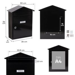 Arregui Visit - Buzón Individual Exterior Mediano (A4) de Acero Negro 30x11x36 cm - Apertura Lateral, con Tejadillo