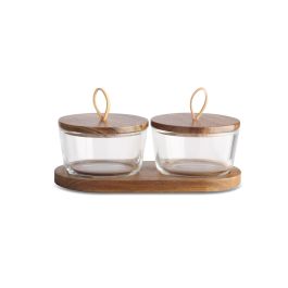 DKD Home Decor Bote Set 3 Unidades Madera Acacia y Cristal 240ml Marrón Transparente 10.5x7x20.5 cm
