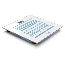 Laica Báscula electrónica de baño blanca con rayas azules y grises, cristal templado 5mm, 150kg, PS1074 Precio: 15.68999982. SKU: B1E5SJDB48